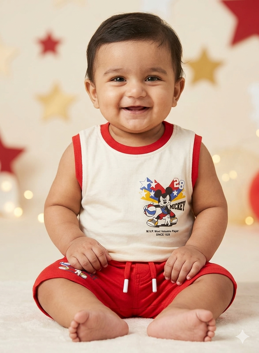Cream Mickey Mouse 'M.V.P.' Baby Boys Sleeveless Vest & Red Shorts Set | Disney | Newborn-18 Months
