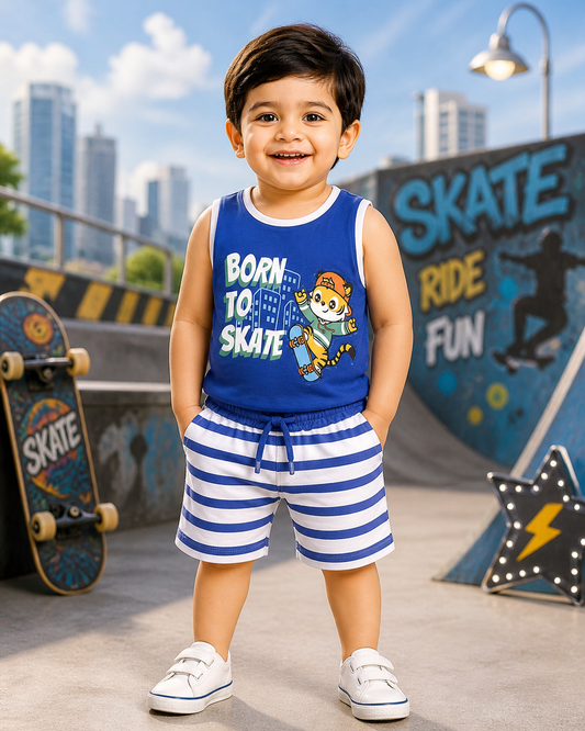 Royal Blue 'Born to Skate' Baby Boys Sleeveless Vest & Stripe Shorts Set | 1-3 Years
