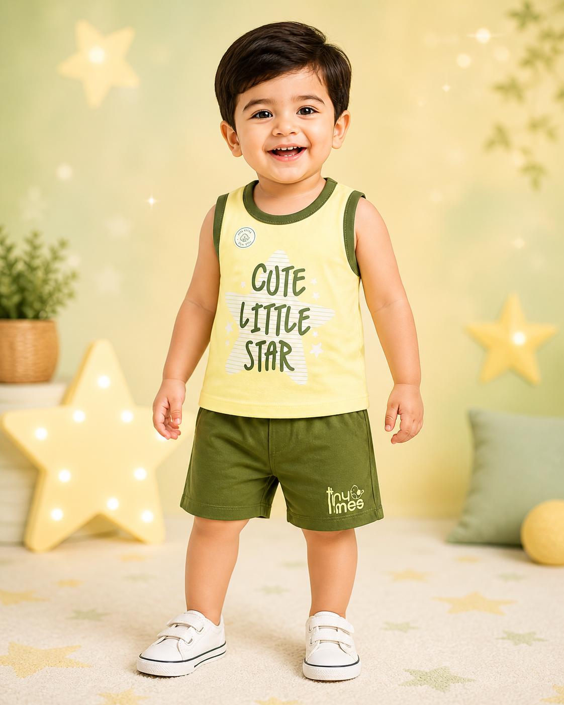 Lemon Yellow 'Cute Little Star' Baby Boys Sleeveless Vest & Shorts Set | 1-3 Years