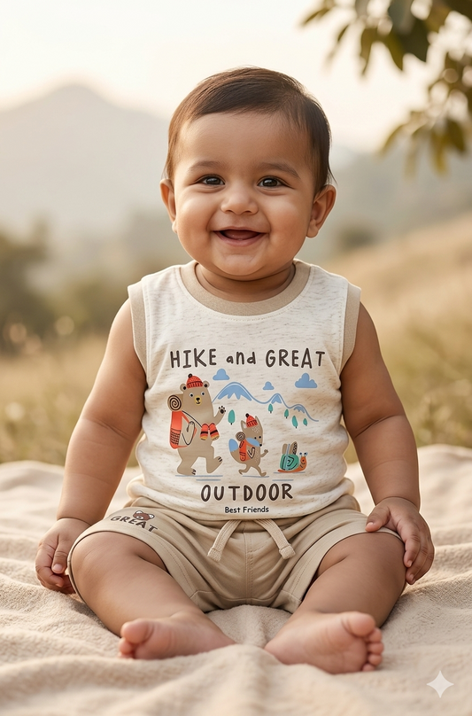 White 'Hike and Great Outdoor' Baby Boys Sleeveless Vest & Beige Shorts Set | Newborn-18 Months