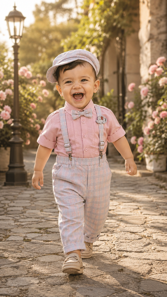 Peach Shirt & Plaid Suspender Pants Set with Cap