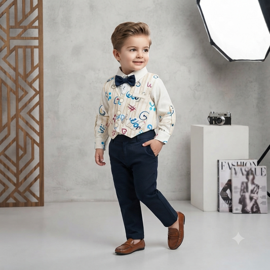 Alphabet Print Shirt & Navy Pants Party Set