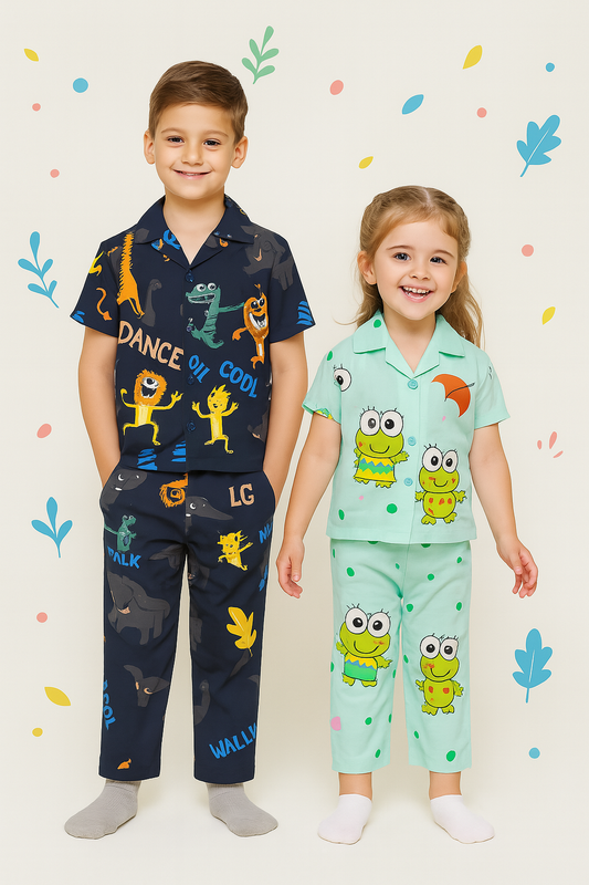 Pumpoosh Kids Cartoon Print Night Suit Set – 100% Cotton