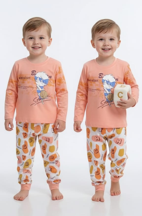 Boys Cartoon Printed Nightwear Set – Peach & White (1–3 Years)