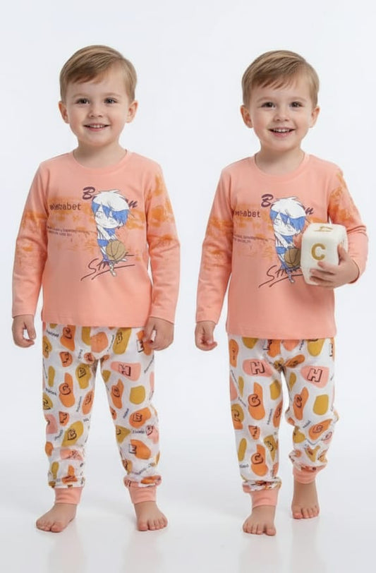 Boys Cartoon Printed Nightwear Set – Peach & White (1–3 Years)