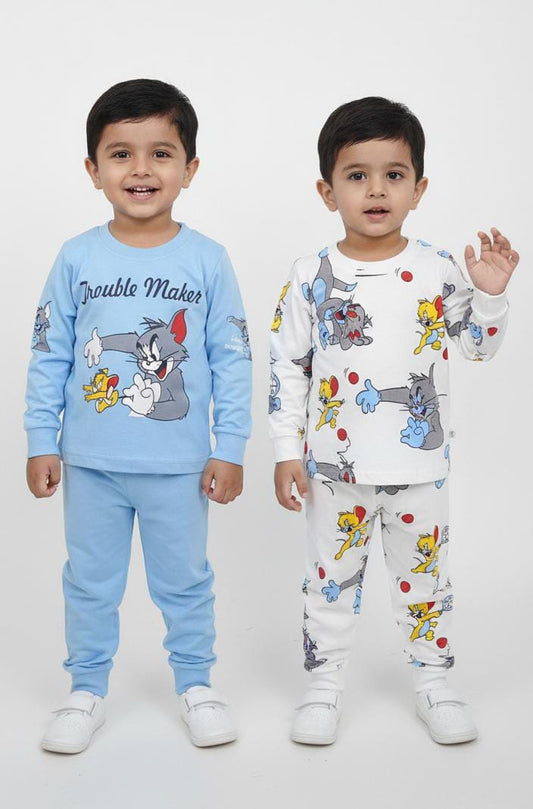 Boys Tom & Jerry Cartoon Nightwear Set – Blue & White (1–3 Years)