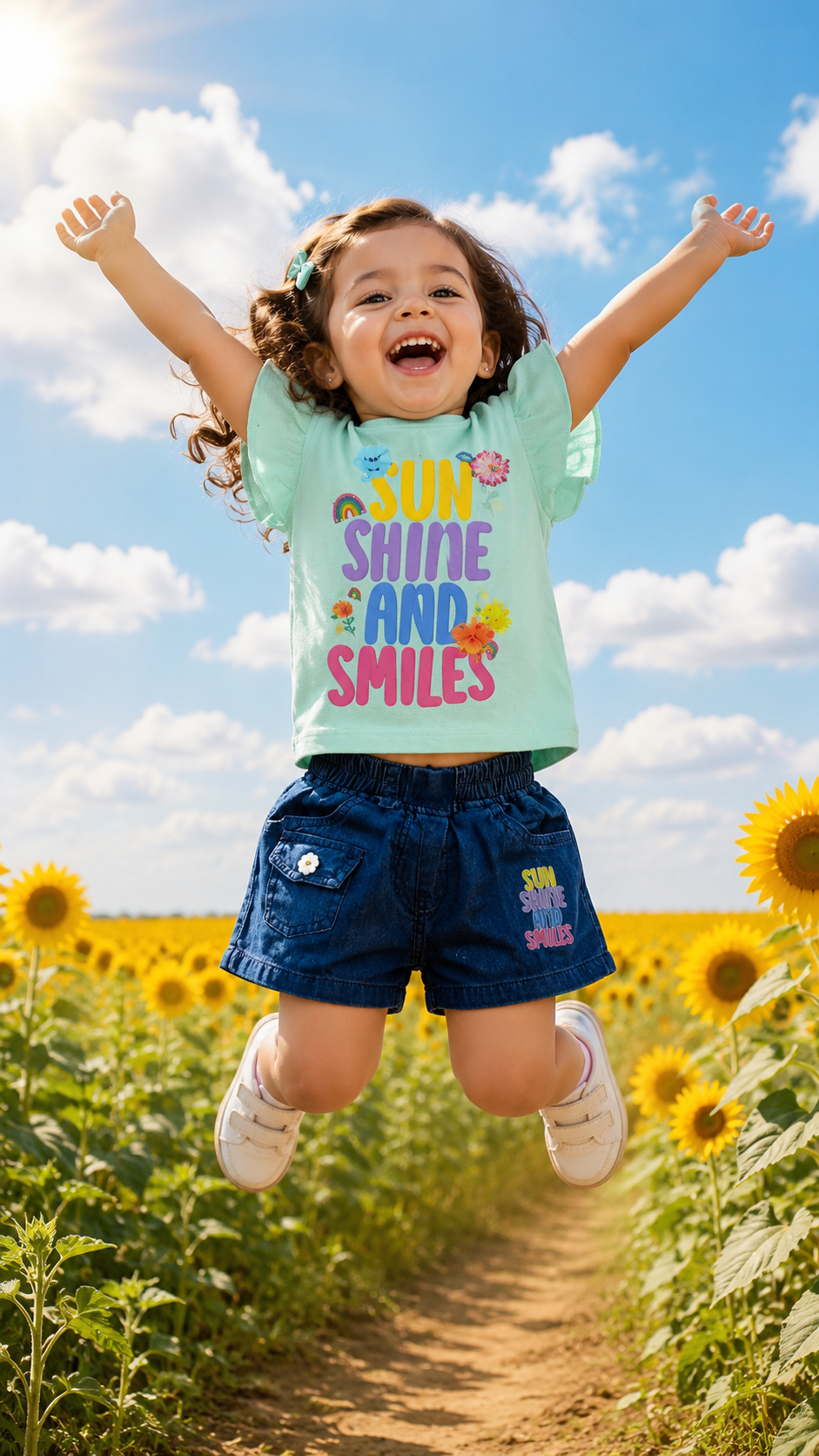Girl jumping in a sunflower field wearing mint green sunshine and smiles tee with navy denim shorts