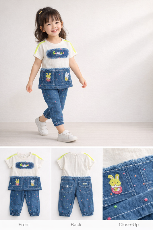 Girls Bunny Patch Denim Co-Ord Set (Top + Pants)