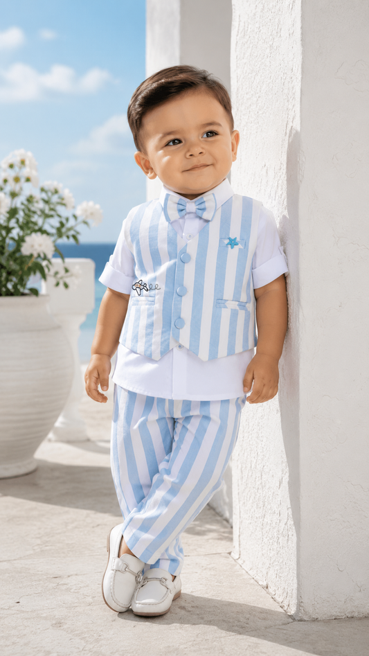 Blue Stripe Waistcoat Shirt & Pants Set with Bow Tie