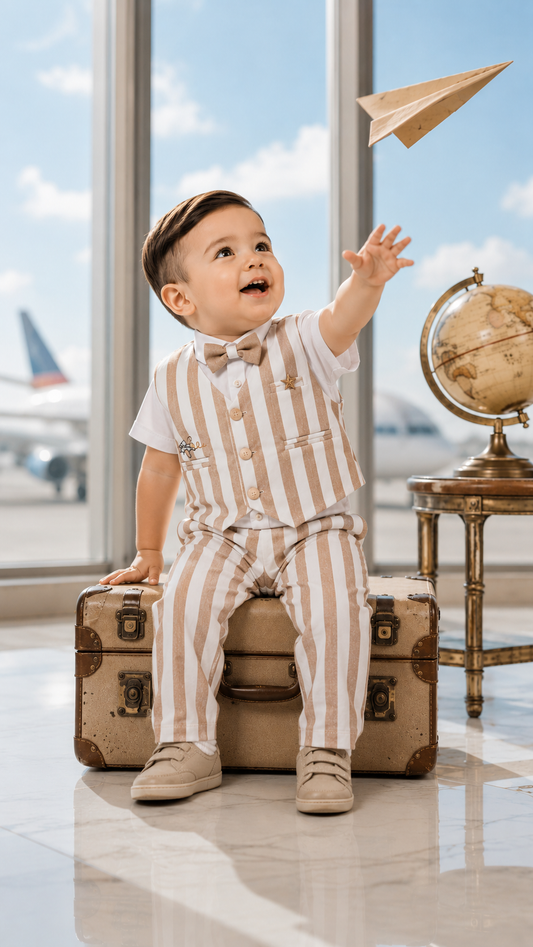 Rust Stripe Waistcoat Shirt & Pants Set with Bow Tie