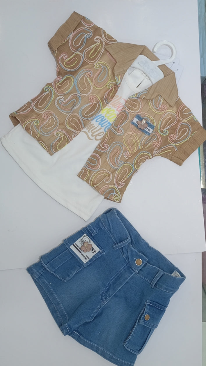 Girls Paisley Print Top with Denim Shorts Set