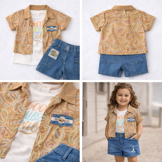 Girls Paisley Print Top with Denim Shorts Set
