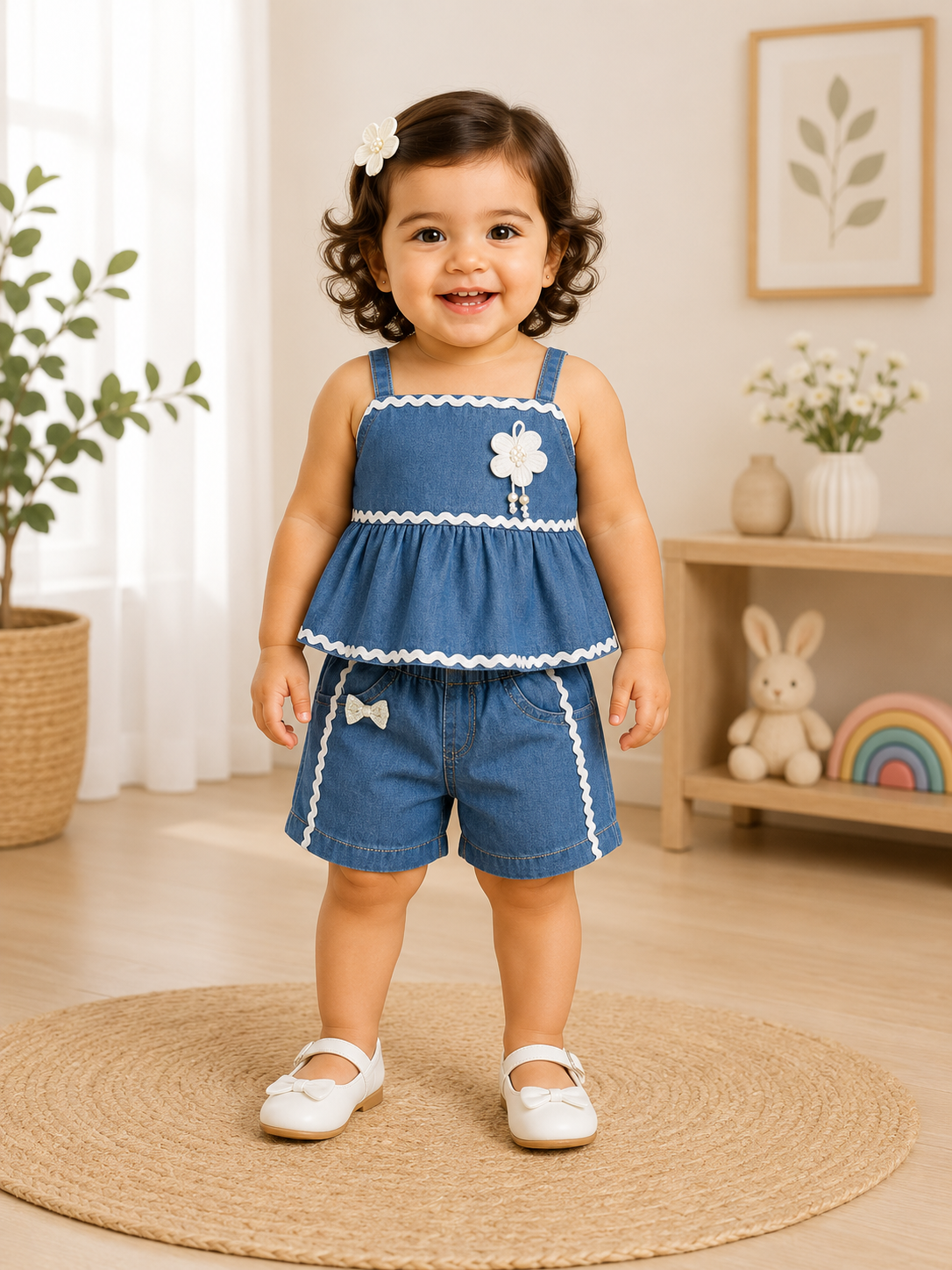 Denim Floral Strap Top & Shorts Set