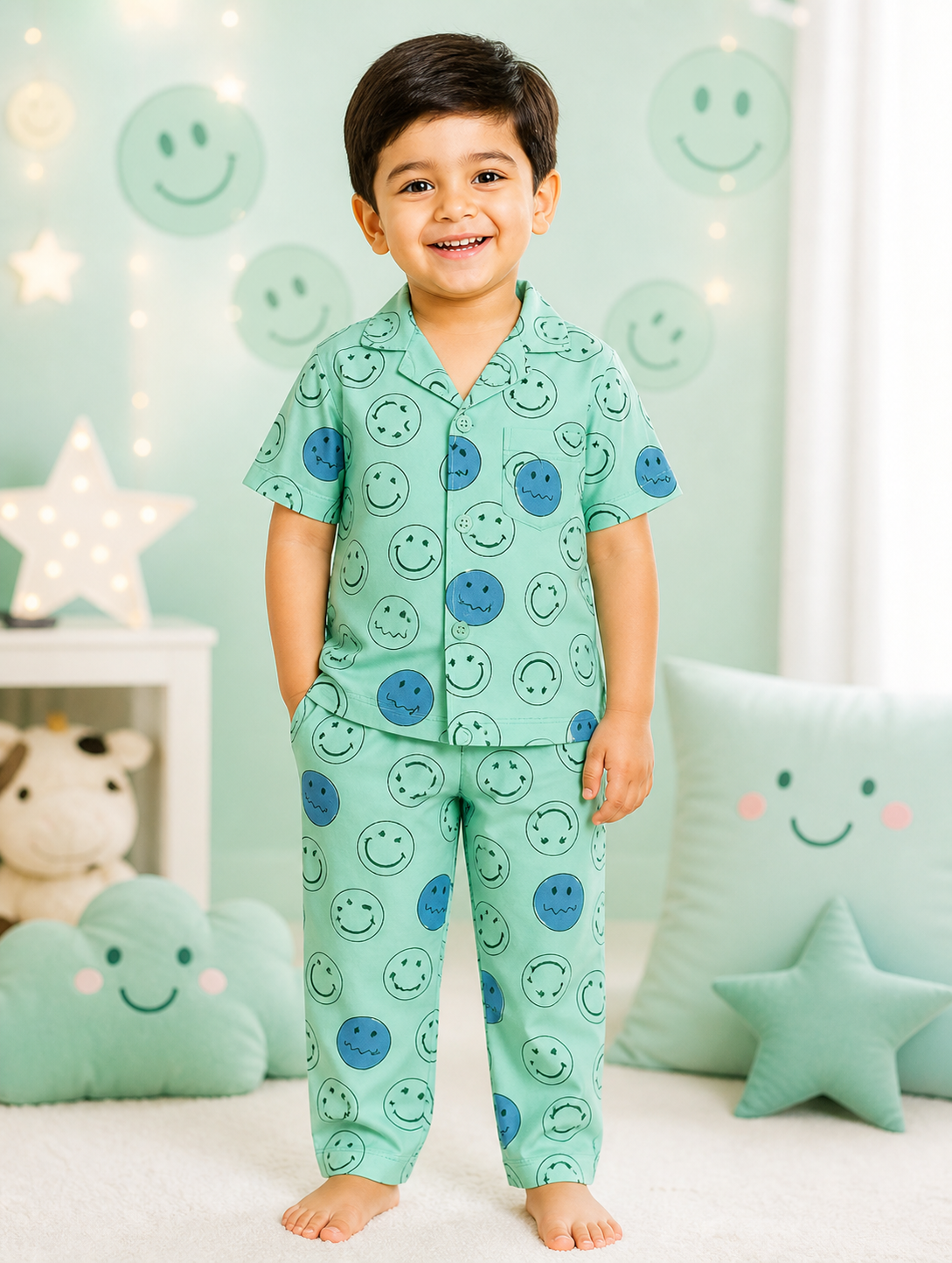 Mint Green All-Over Smiley Face Print Boys Nightwear Shirt & Pyjama Set | 3-6 Years