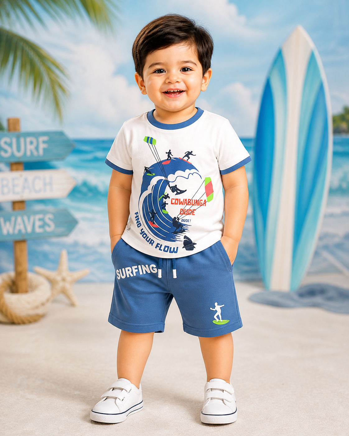 White 'Find Your Flow' Surfing Baby Boys T-Shirt & Blue Shorts Set | 1-3 Years