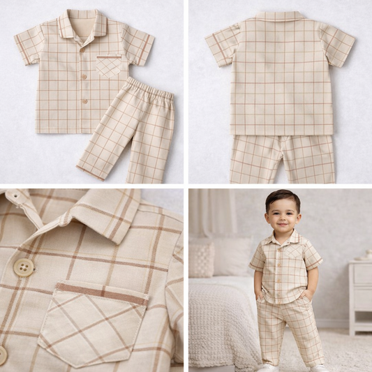Kids Beige Check Formal Co-Ord Set (Shirt + Pants)