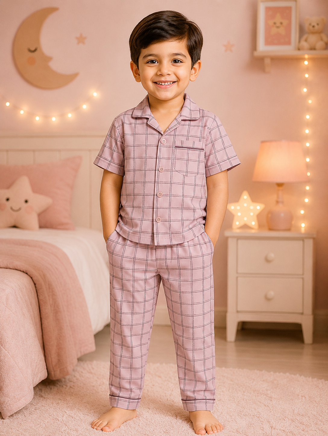 Blush Pink Windowpane Check Boys Nightwear Shirt & Pyjama Set | 2-6 Years