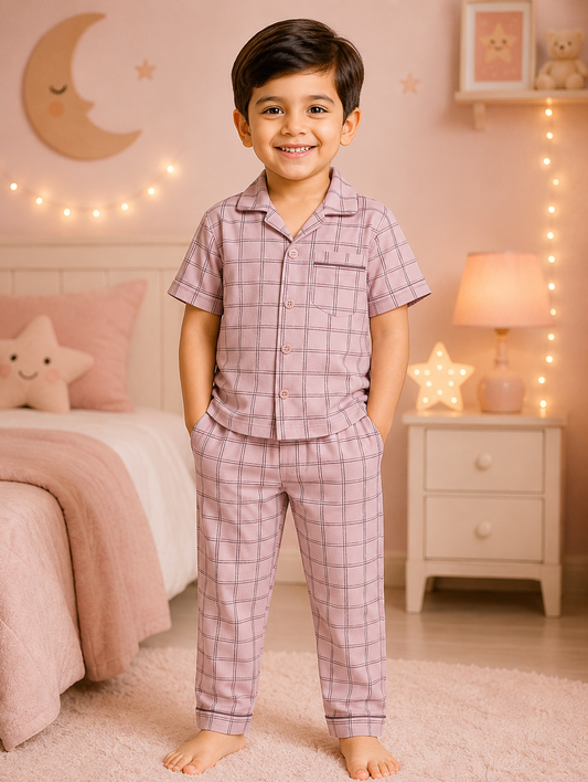 Blush Pink Windowpane Check Boys Nightwear Shirt & Pyjama Set | 2-6 Years