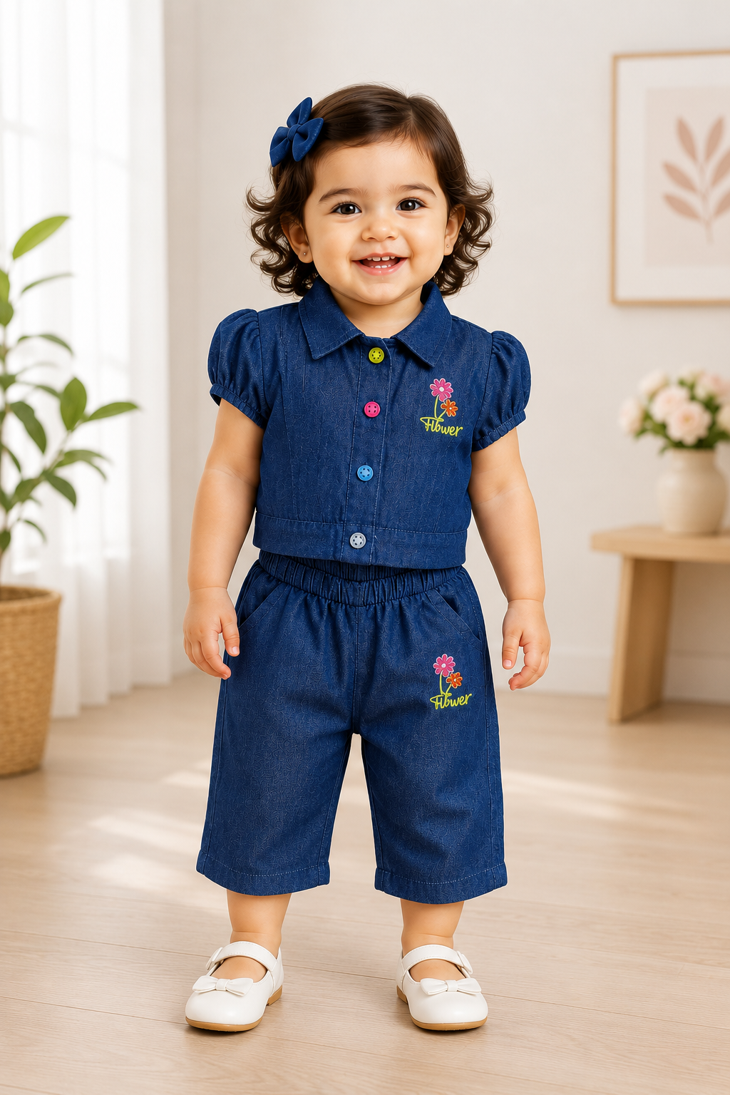 Flower Denim Puff Sleeve Top & Shorts Set