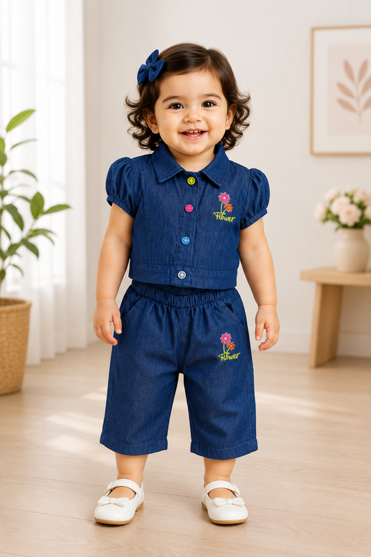 Flower Denim Puff Sleeve Top & Shorts Set