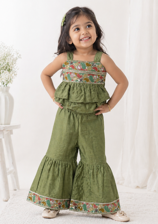 Olive Green Paisley Embroidered Peplum Top & Sharara Set | Mint Kids