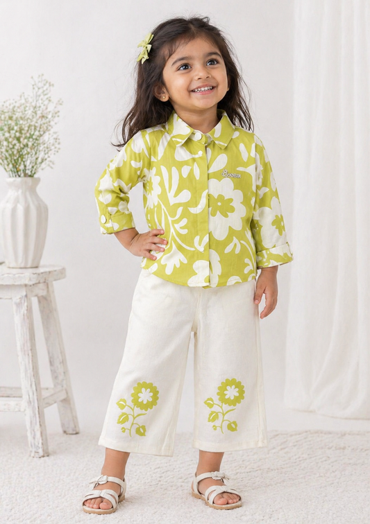 Lime Green Floral Print Shirt & White Palazzo Co-ord Set | Mint Kids