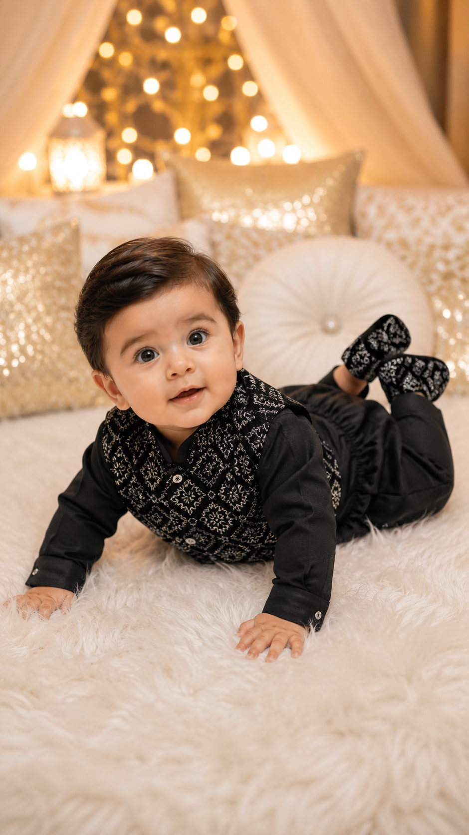 Black Gold Print Ethnic Shirt & Pant Set with Booties