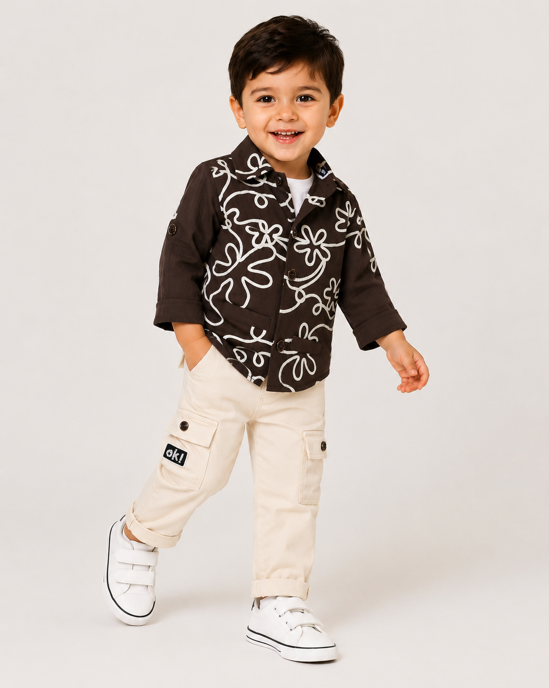 Floral Embroidered Shirt & Cream Cargo Pants Set