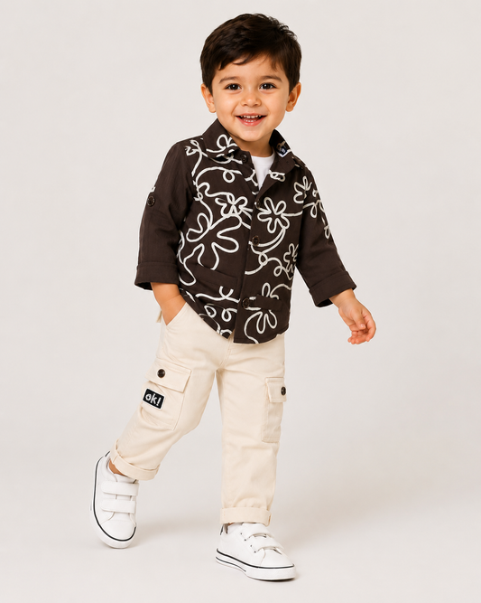 Floral Embroidered Shirt & Cream Cargo Pants Set