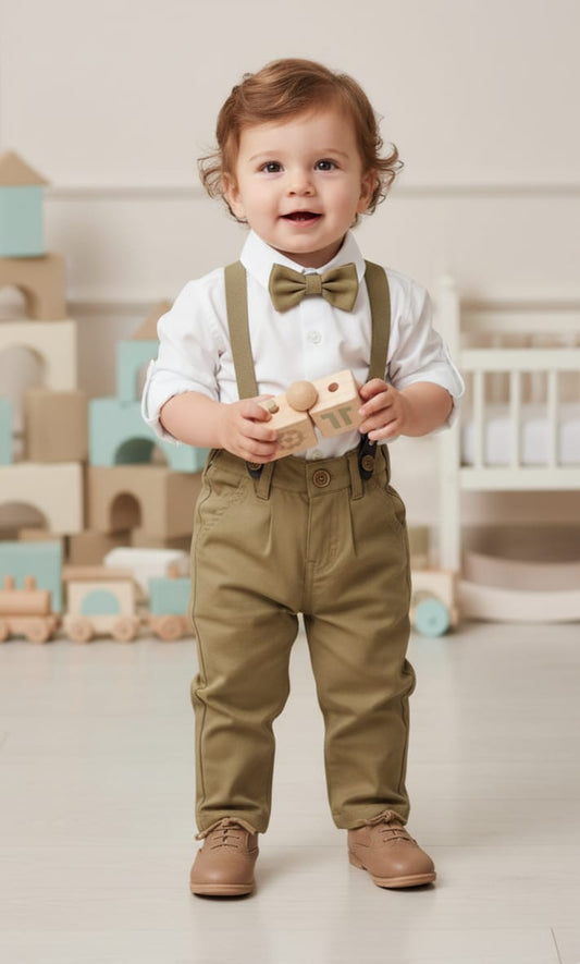 Boys Classic White Shirt with Bow Tie & Suspenders – Olive Pants Set (1–5 Years)