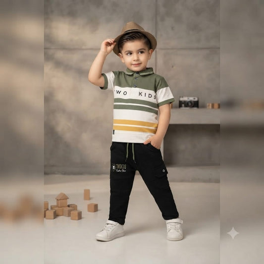 Striped Polo & Cargo Pants Set