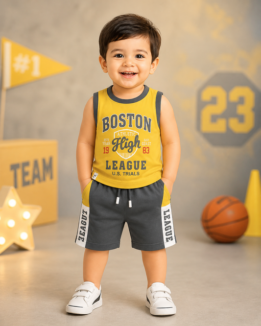 Yellow 'Boston High League' Baby Boys Sleeveless Vest & Grey Shorts Set | 1-3 Years