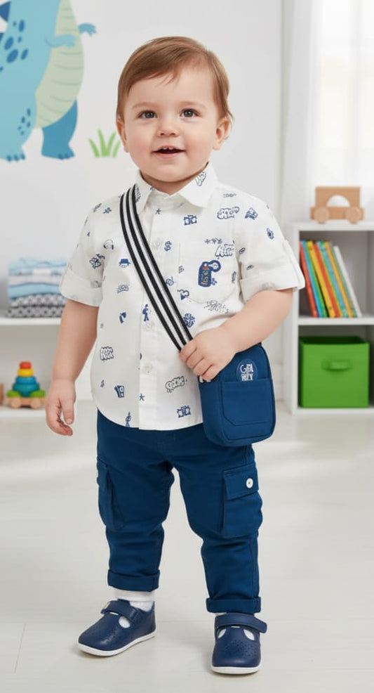 Boys Printed Shirt with Navy Blue Cargo Pants & Sling Bag (1–5 Years)