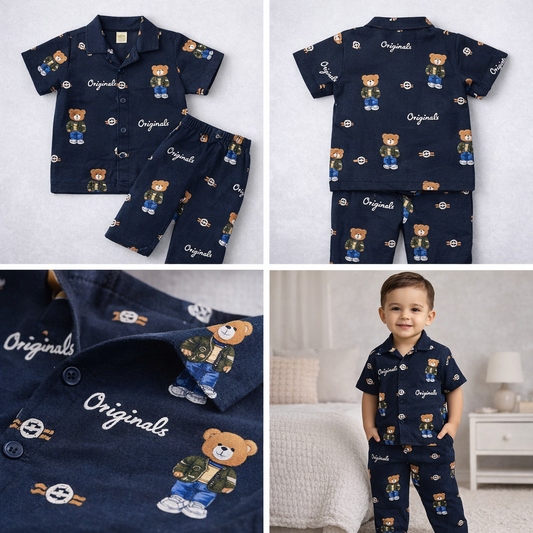 Kids Navy Bear Print Night Suit Set (Shirt + Pajama)