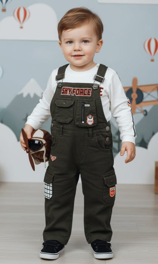 Boys Sky Force Olive Green Dungaree with White Full-Sleeve Tee (1–5 Years)
