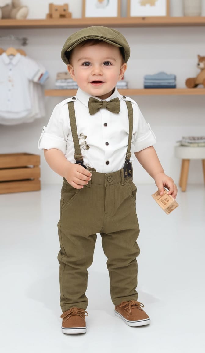 Boys Gentleman Outfit with Cap, Bow Tie & Suspenders – Olive Set (1–5 Years)