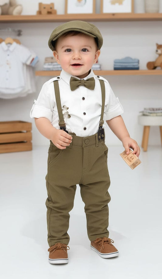 Boys Gentleman Outfit with Cap, Bow Tie & Suspenders – Olive Set (1–5 Years)