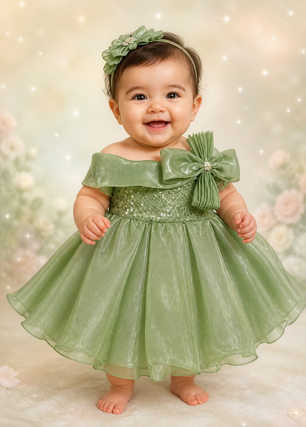 Sage Green Organza Party Frock for Baby Girls | Off-Shoulder with Sequin & Bow | 0-9 Months