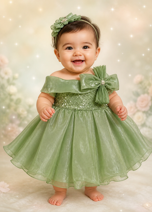 Sage Green Organza Party Frock for Baby Girls | Off-Shoulder with Sequin & Bow | 0-9 Months