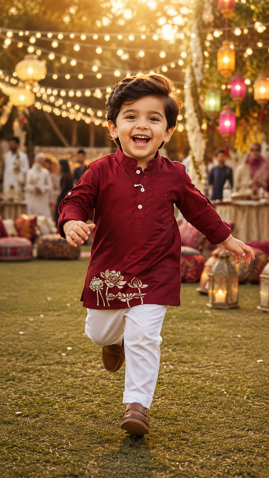 Maroon Gold Floral Embroidered Kurta & White Pant Set