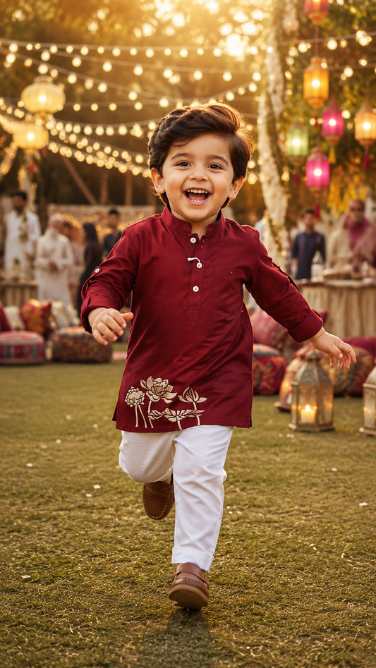 Maroon Gold Floral Embroidered Kurta & White Pant Set