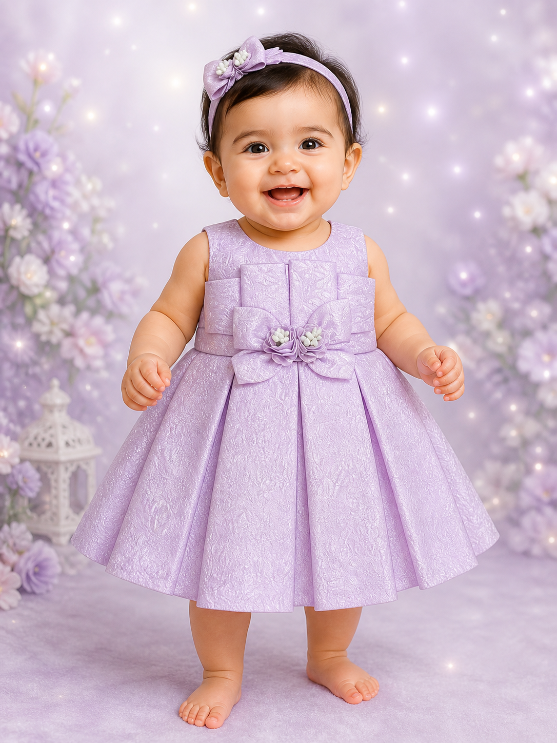 Lavender Jacquard Baby Girl Party Frock | Bow & Flower Detail | Sleeveless Dress | 0-9 Months