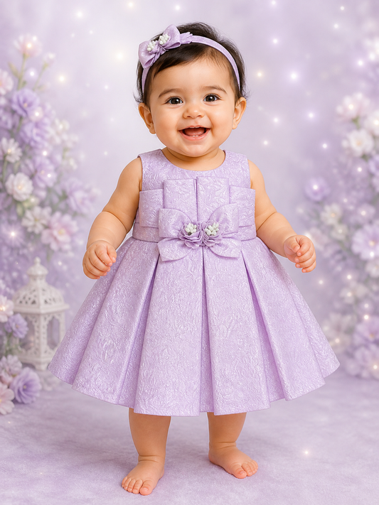 Lavender Jacquard Baby Girl Party Frock | Bow & Flower Detail | Sleeveless Dress | 0-9 Months