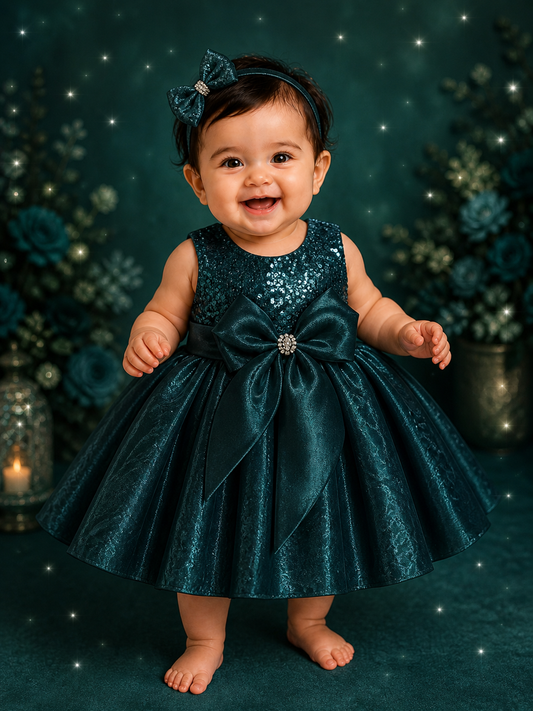 Teal Emerald Sequin Baby Girl Party Frock | Satin Bow & Diamond Brooch | 0-9 Months