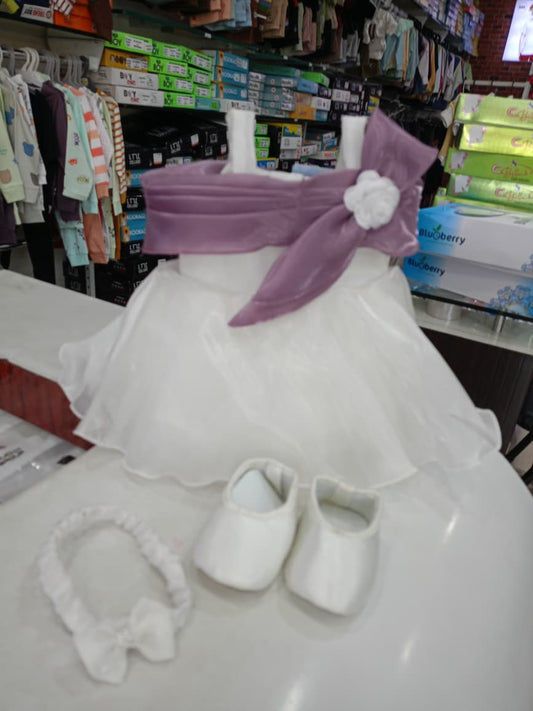 Baby Girl Elegant White Party Dress with Mauve Bow