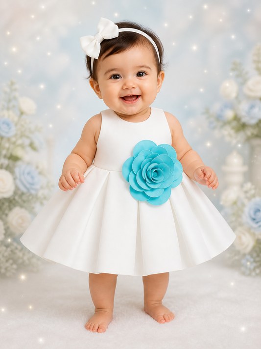 White Baby Girl Party Frock with Teal Blue 3D Rose | Sleeveless Pleated Dress | 0-9 Months