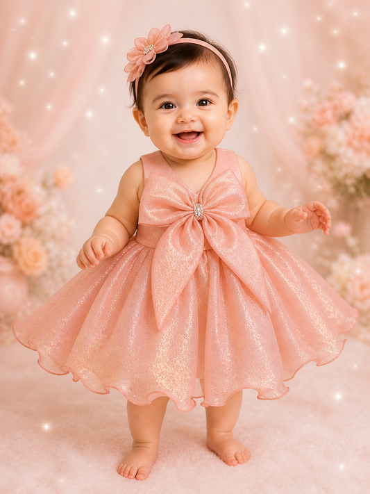 Peach Rose Gold Shimmer Baby Girl Party Frock | Oversized Bow & Crystal Detail | 0-9 Months