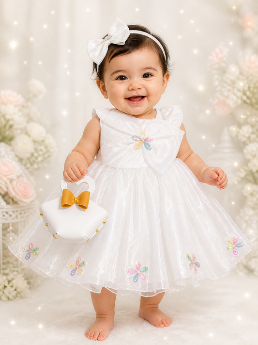 White Floral Baby Girl Frock with Matching Purse | Organza Net Party Dress with Bow | 0-9 Months