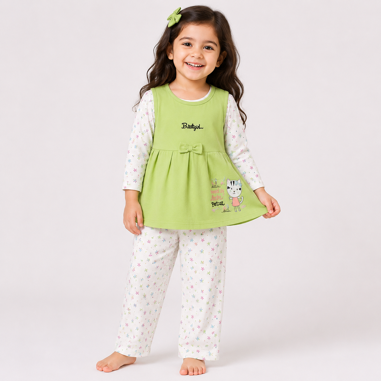 Bluegirl Cat Tunic Top & Floral Pyjama Set