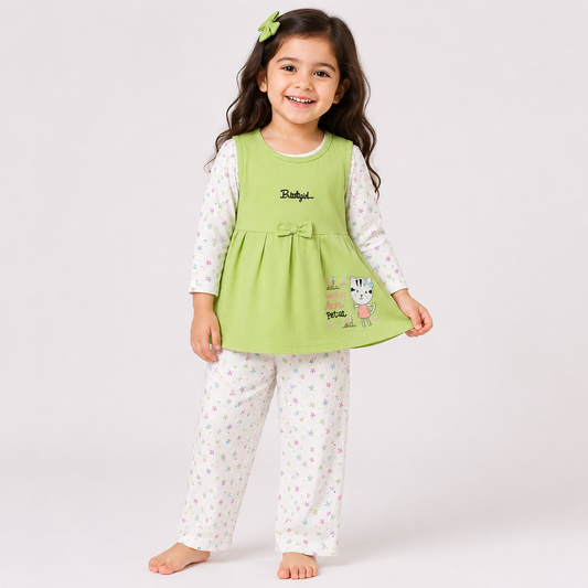 Bluegirl Cat Tunic Top & Floral Pyjama Set